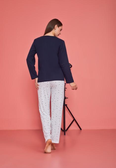 Pijama dama,maneca lunga si pantalon lung, culoare bleumarin,Engros